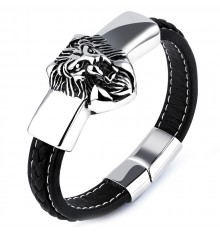 Bracelet homme cuir noir tete de lion acier
