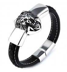 Men's black leather lion head steel bracelet