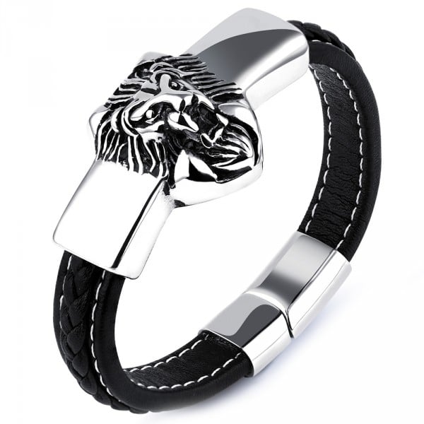 Men's Black Leather Stainless Steel Lion Heart Clasp Bracelet