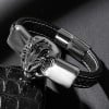 Men's Black Leather Stainless Steel Lion Heart Clasp Bracelet