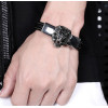 Men's Black Leather Stainless Steel Lion Heart Clasp Bracelet