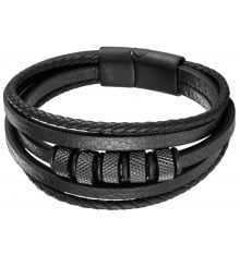 Men's leather bracelet with multi-ribbon steel cable rings