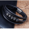 Men's leather bracelet with multi-ribbon steel cable rings