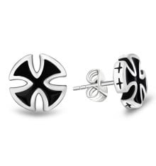 Men's black Maltese cross steel earrings