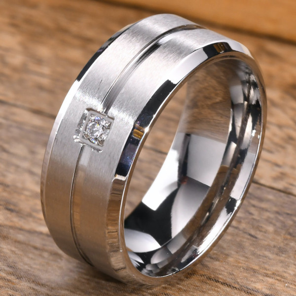 Personalized steel brush groove zirconium ring for men and women