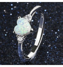 Rhodium silver opal zirconium heart ring