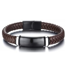 Personalized men's braided leather bracelet with steel curb