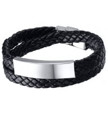 Personalized men's leather bracelet with steel curb braid