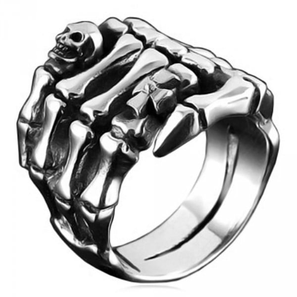 Men's Sterling Silver Skeleton Hand Ring With Skull And Maltese Cross