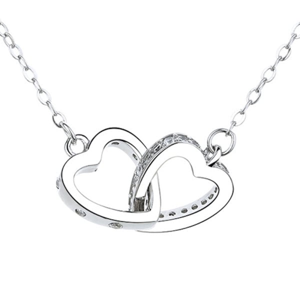 Double heart necklace pendant in rhodium zirconium silver