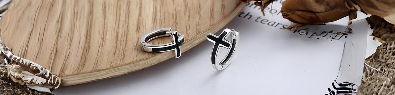boucles oreilles argent creoles croix noire homme femme