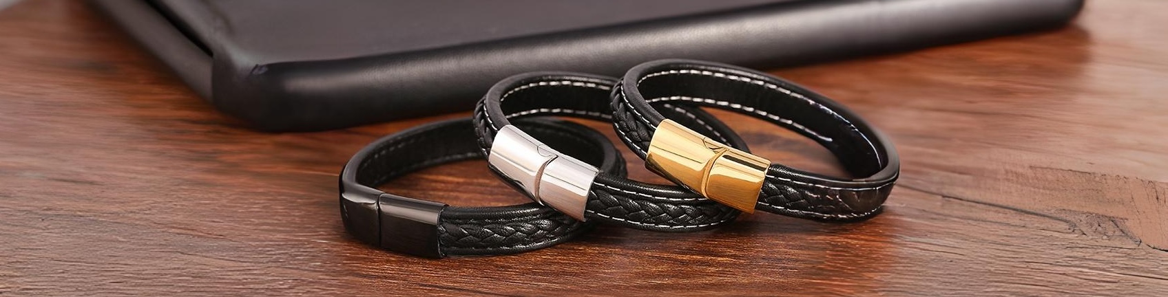 bracelet cuir tresse noir fermoir acier magnetique