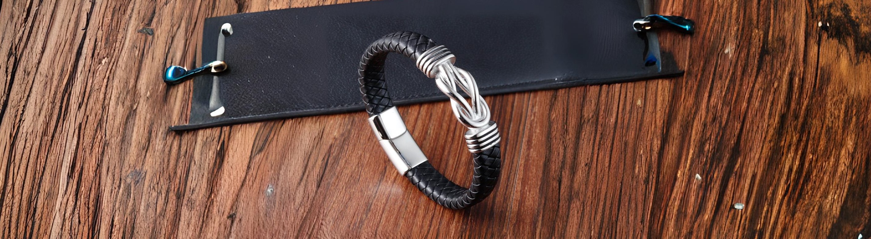 bracelet cuir noir tresse noeud celtique acier