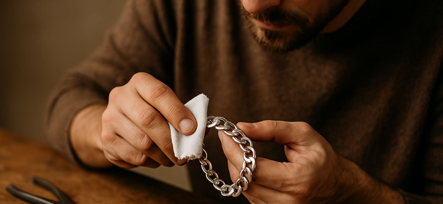 Entretien d’un bracelet en argent massif pour homme avec chiffon doux