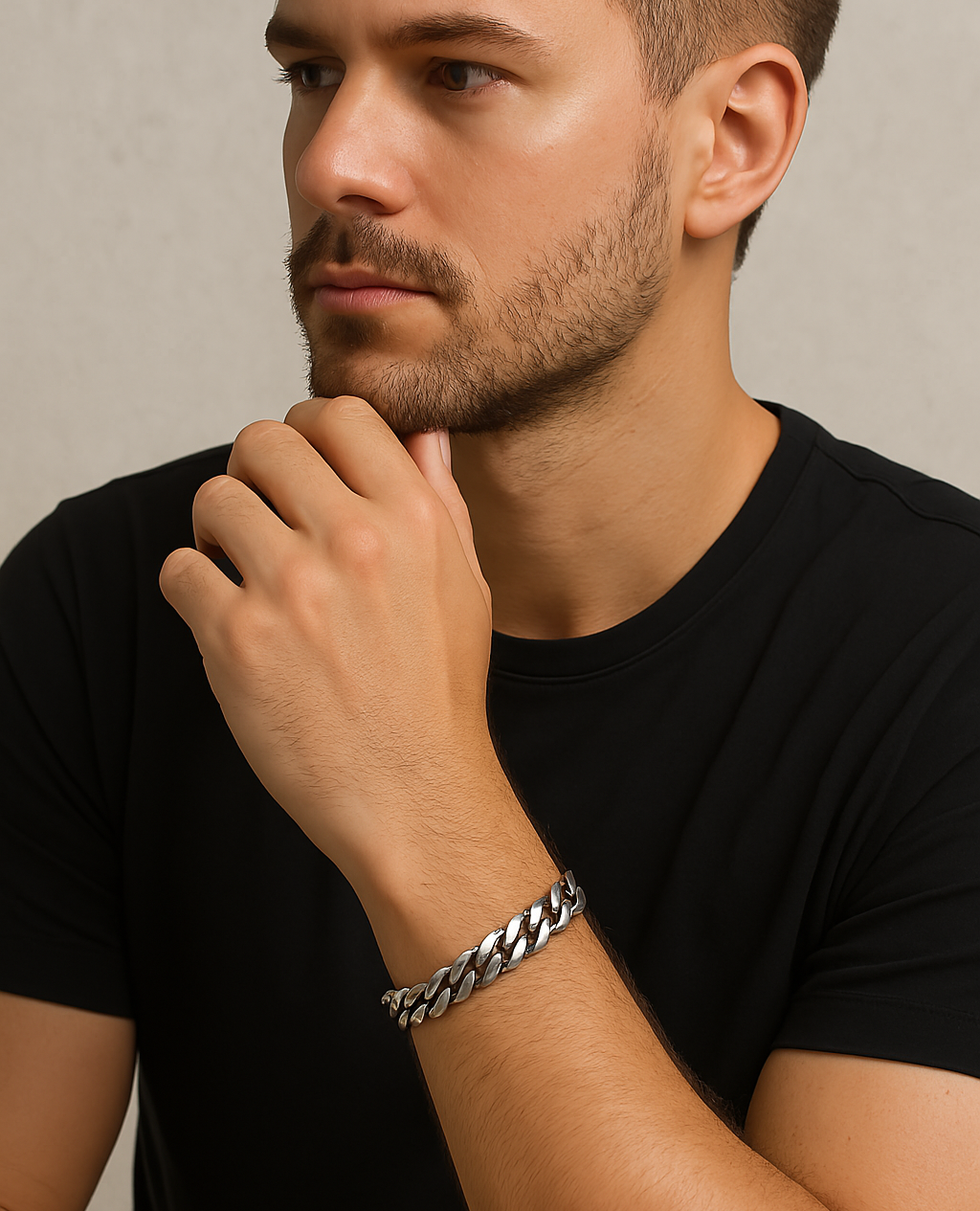 man with steel bracelet