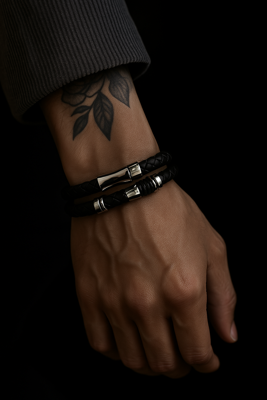 pulsera de cuero con cordón y acero para hombre
