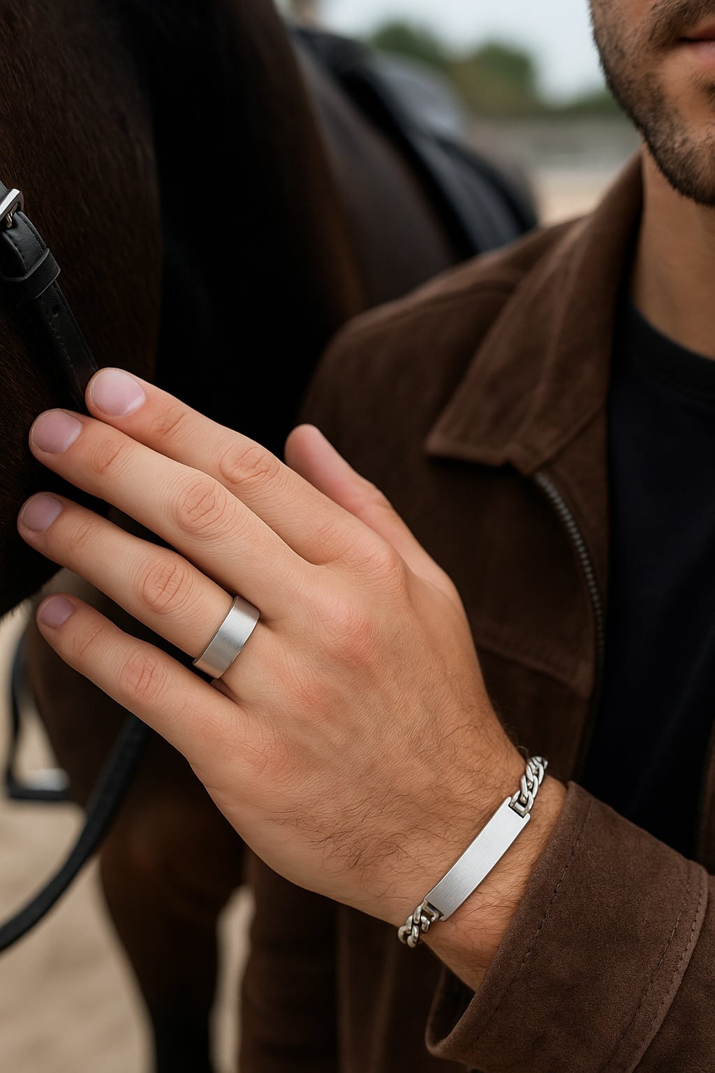 heren open ring in geborsteld zilver