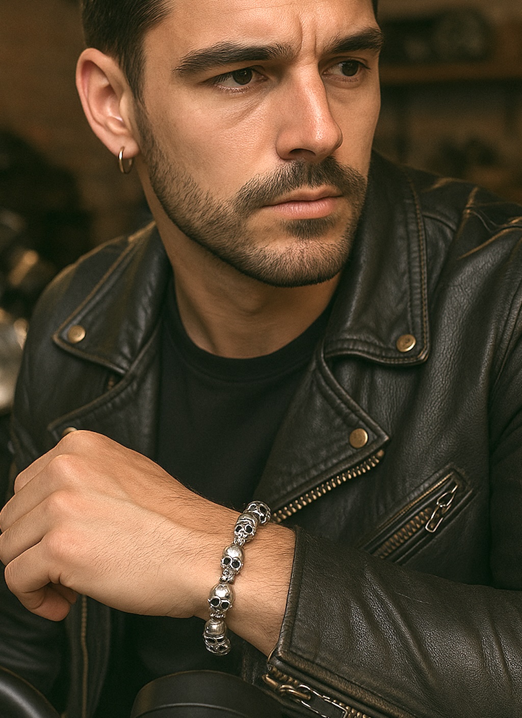 bracelet homme motard skull argent 
