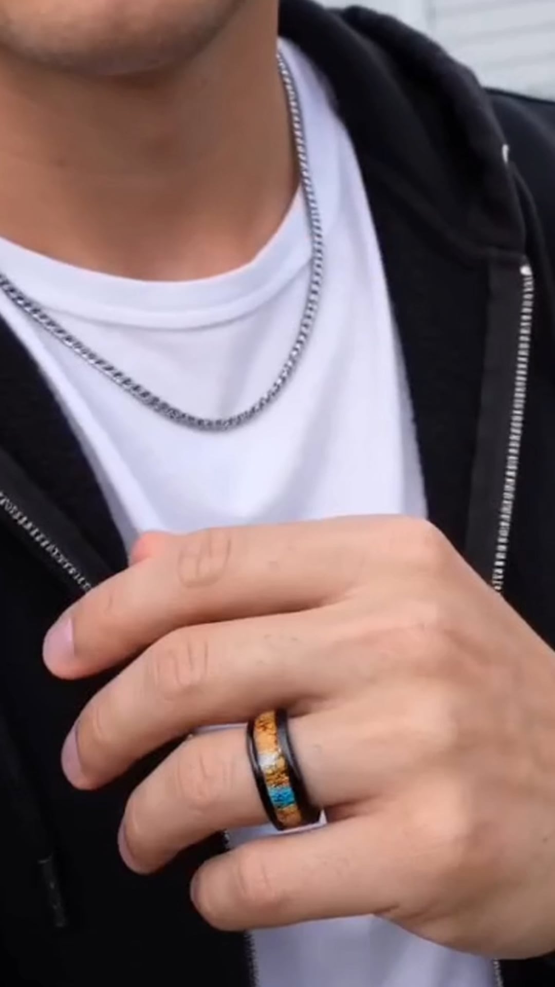 Bague en tungstène noir avec bois de liège et turquoise naturelle<