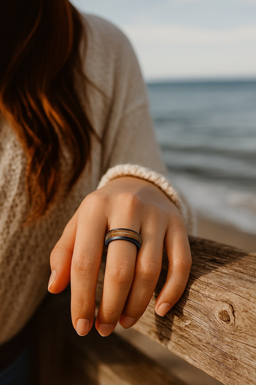 women's black ceramic wedding band with oak wood