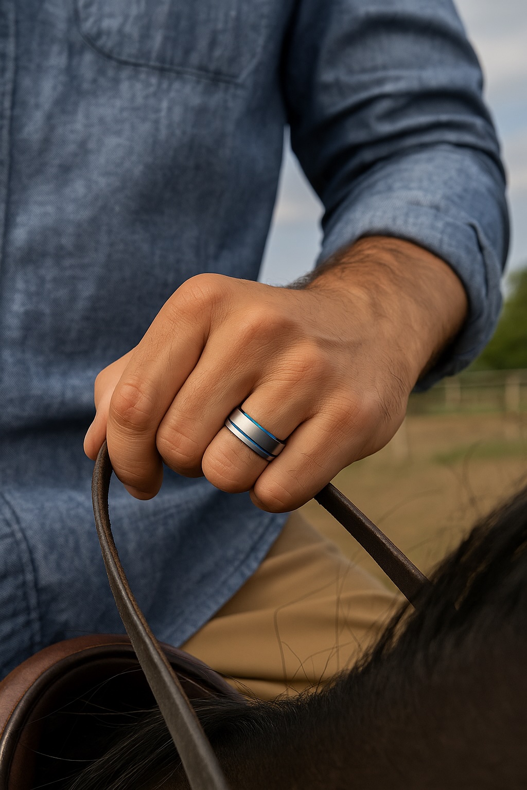 Tungsten trouwring geborsteld met blauwe lijn, personaliseerbaar