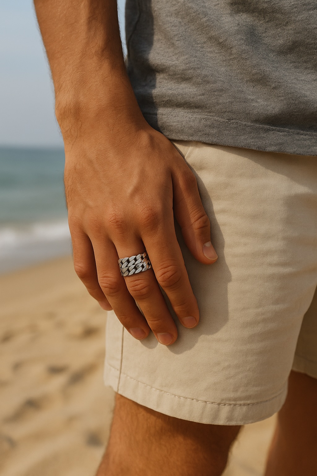 anillo de plata cadena trenzada ajustable hombre