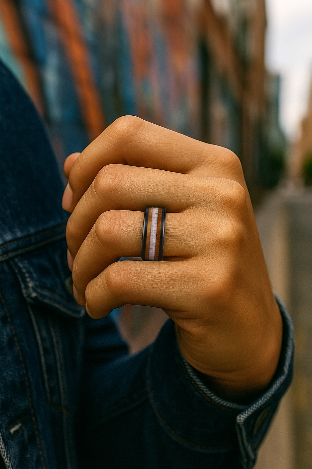 men's black ceramic ring with oak wood inlay
