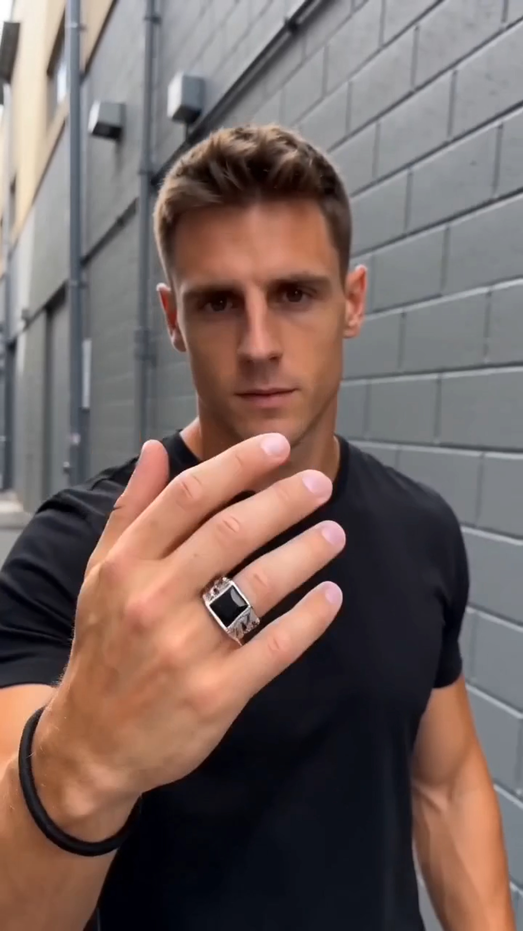 Sterling silver signet ring with Greek pattern and black zircon
