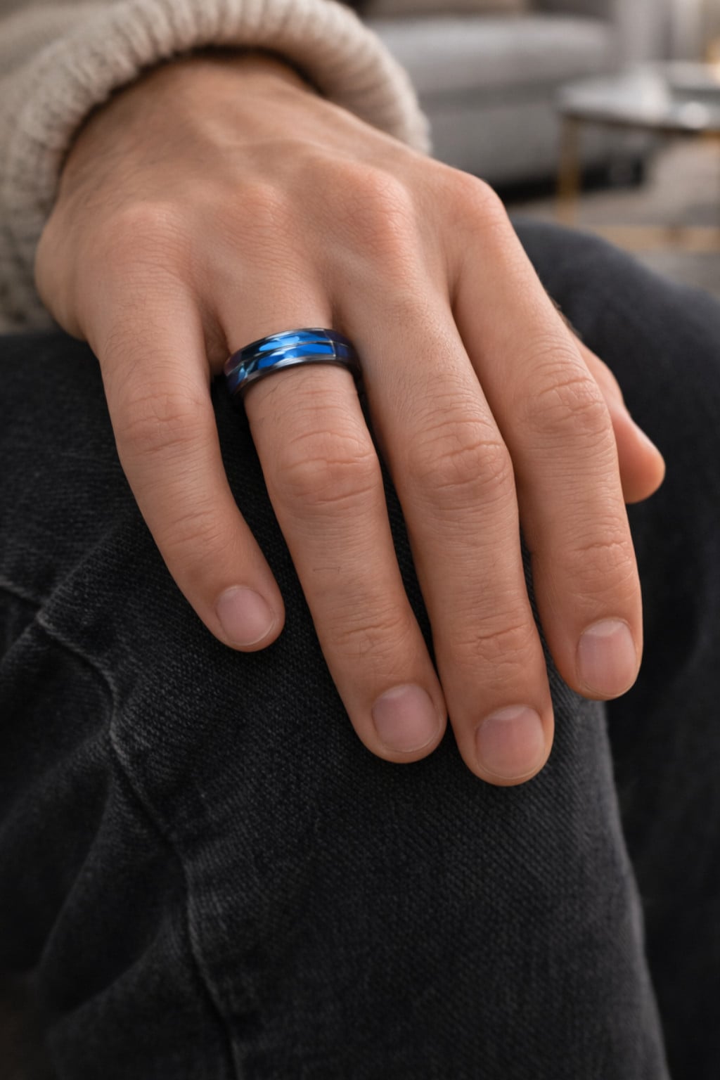 black blue tungsten ring wedding band