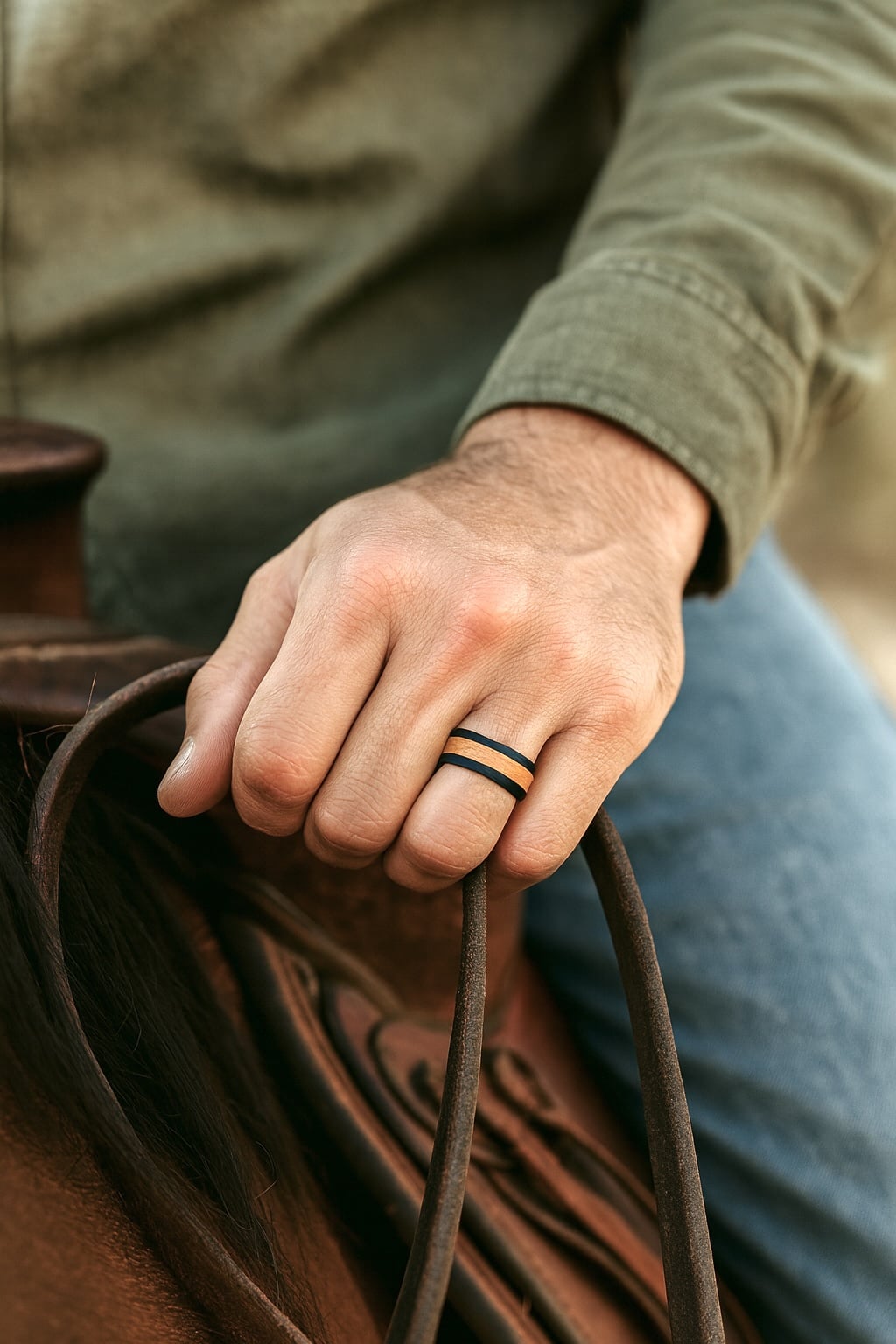 Men's tungsten ring with oak wood inlay