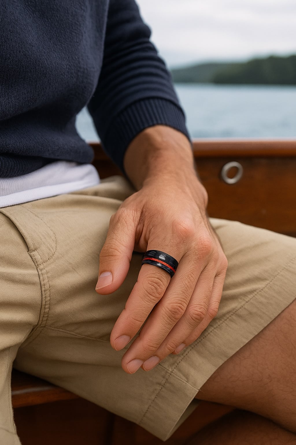 black brushed tungsten ring with wood inlay