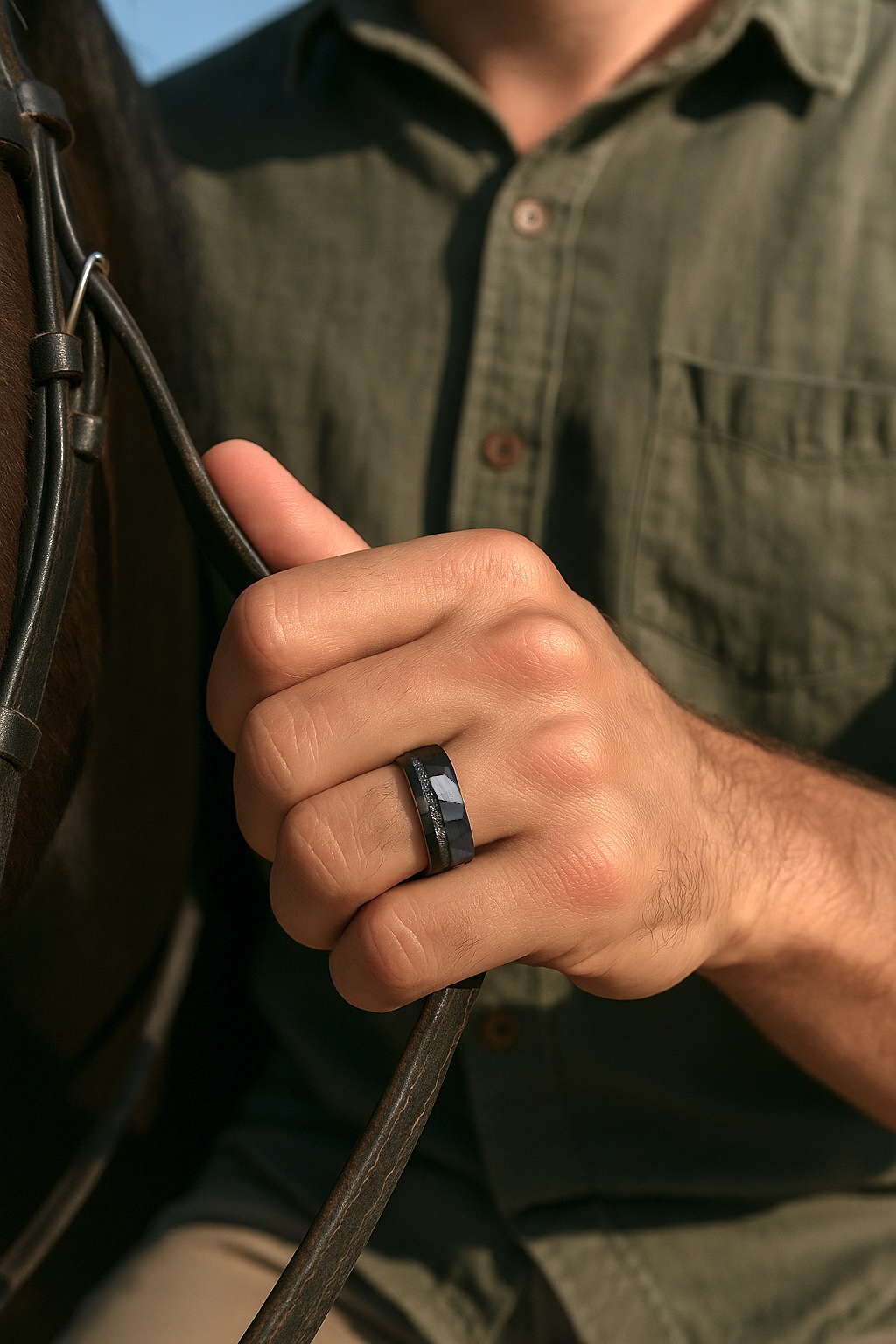 black brushed tungsten hammered ring for men