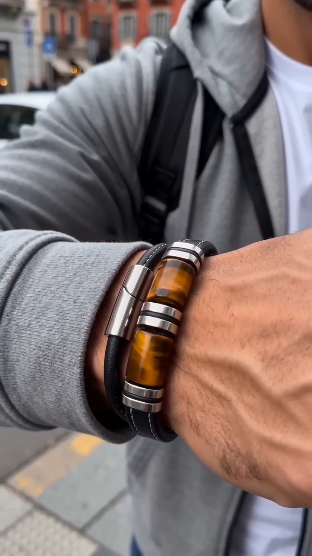 men's black leather bracelet with tiger eye stone