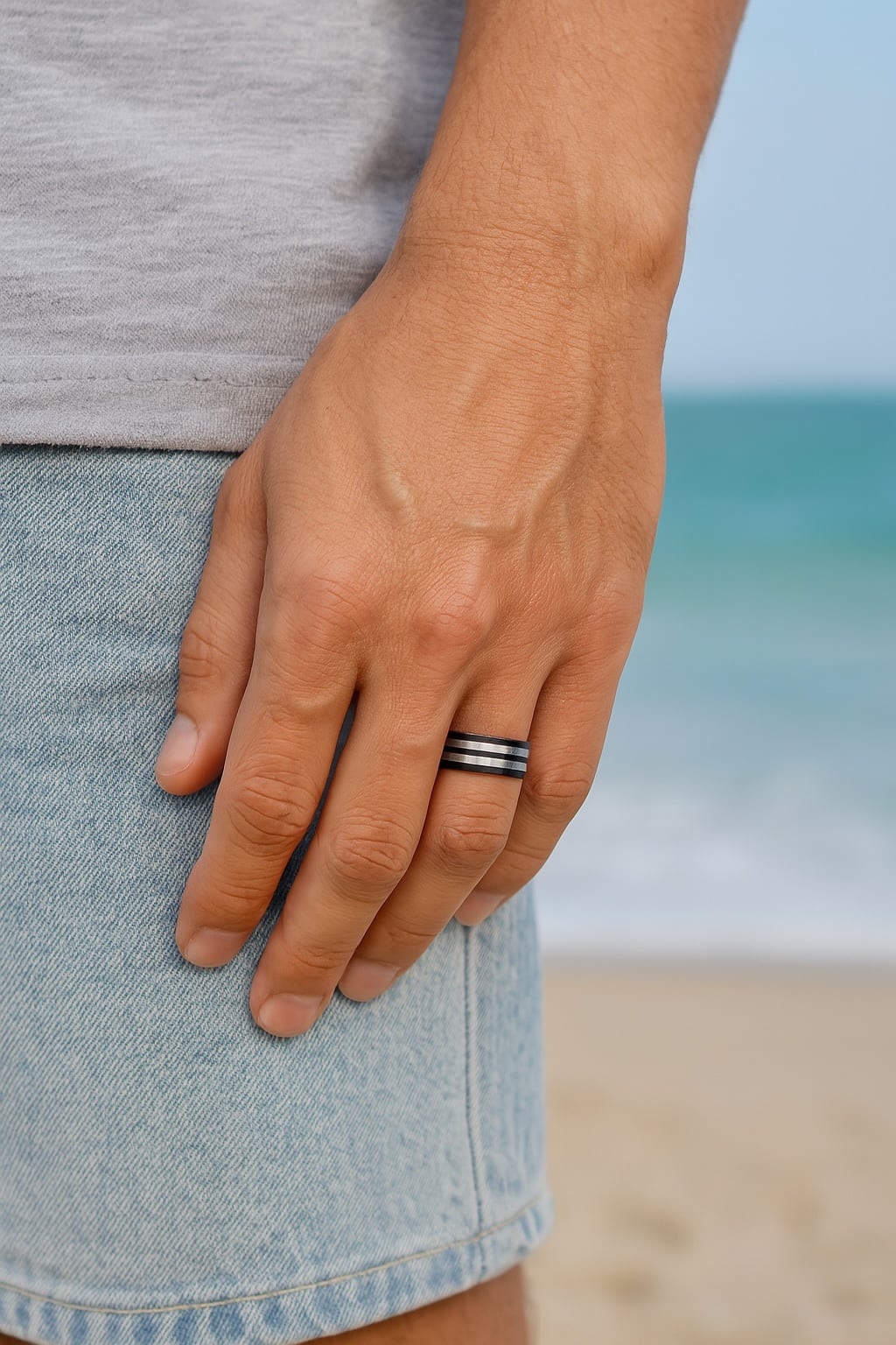 Customizable brushed black titanium men's ring