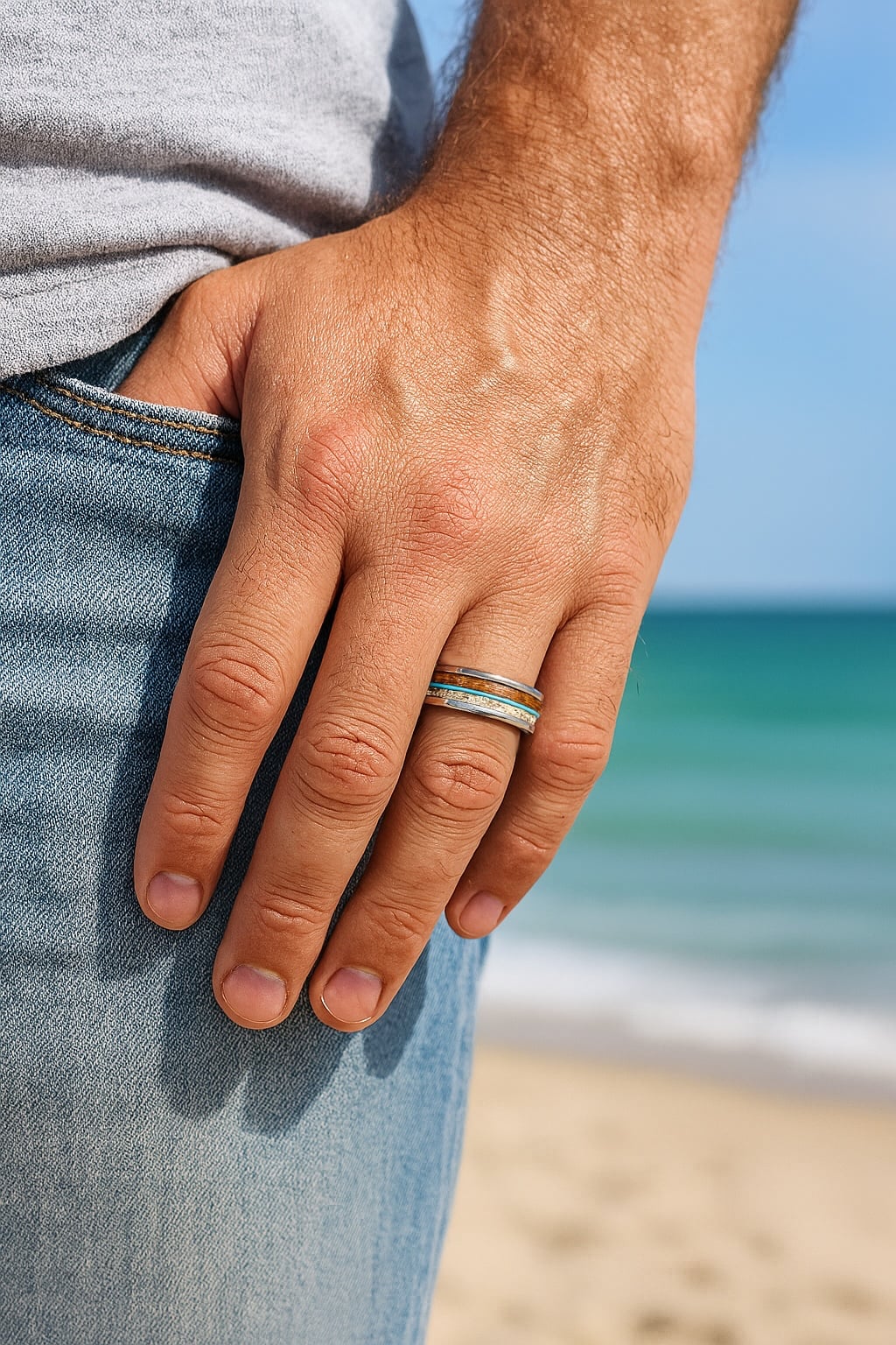 Wood & Blue Resin Inlay Tungsten Wedding Ring