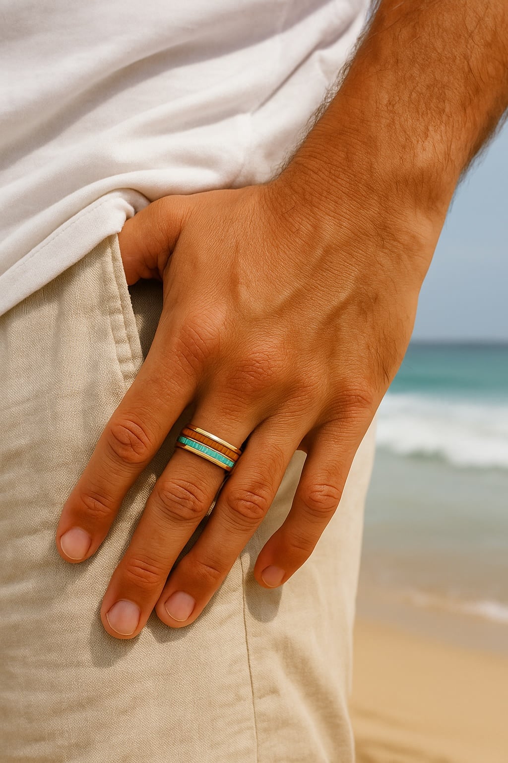 engraveable rose gold plated tungsten ring with wood & opal inlays for men