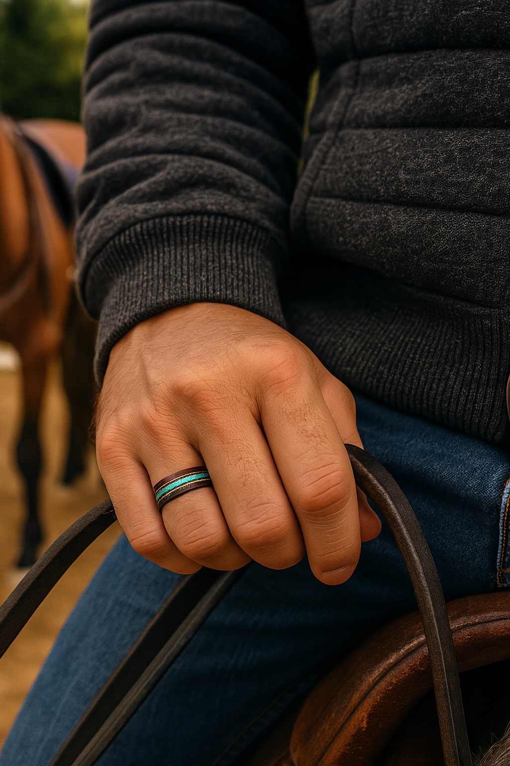 Personalized men's ring in tungsten, wood and opal