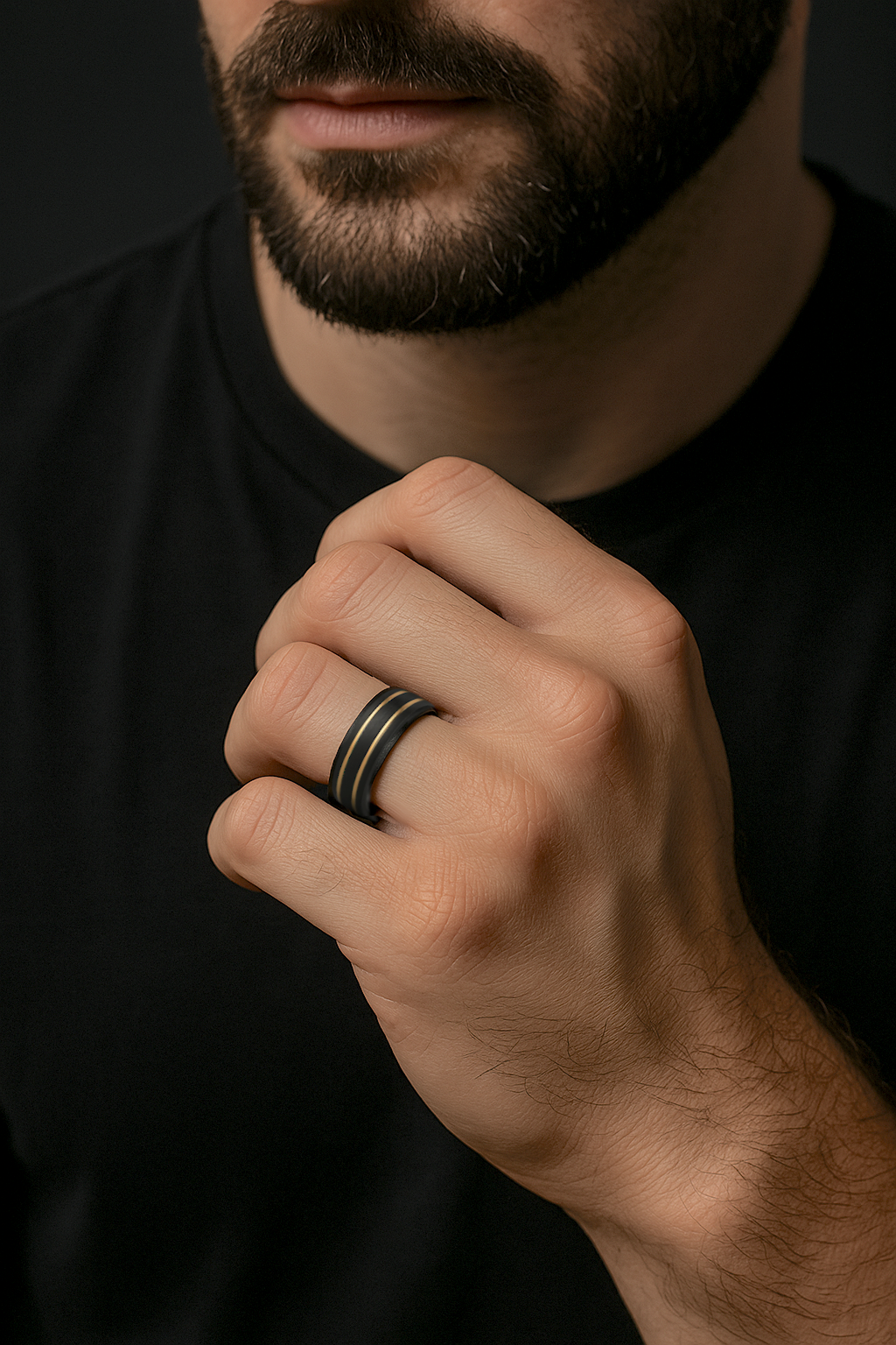 bague tungstène alliance dome lignes dorées homme