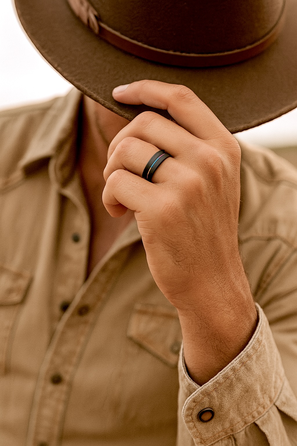 Bague personnalisee homme anneau tungstene brosse ligne arc en ciel