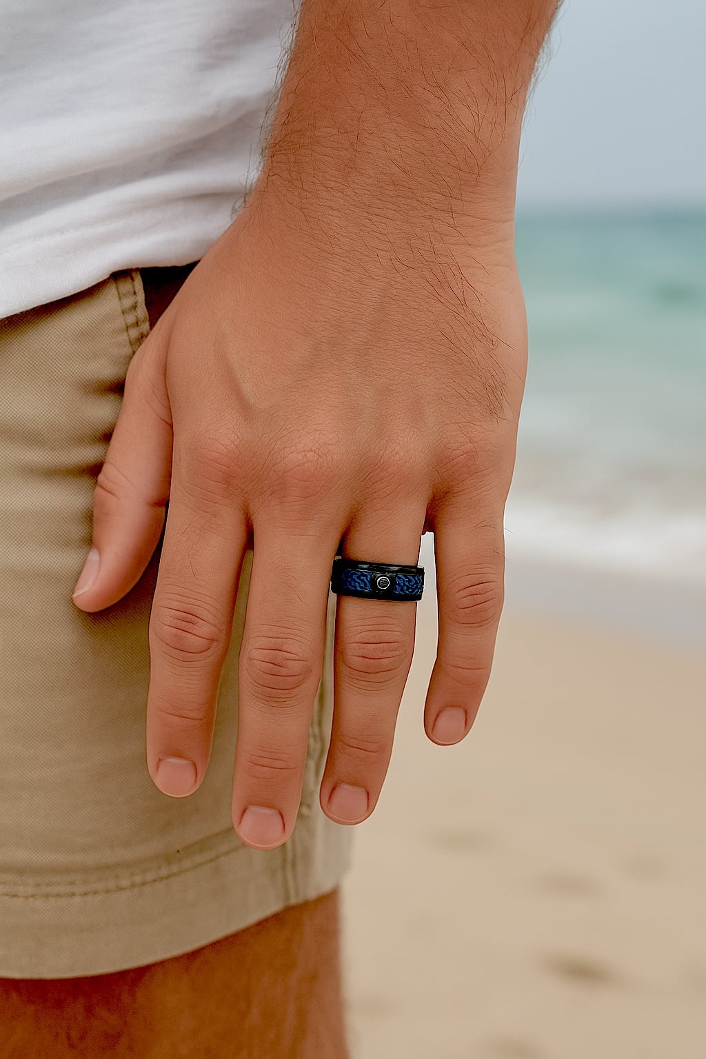 blue carbon fiber and zircon tungsten ring for men, engravable