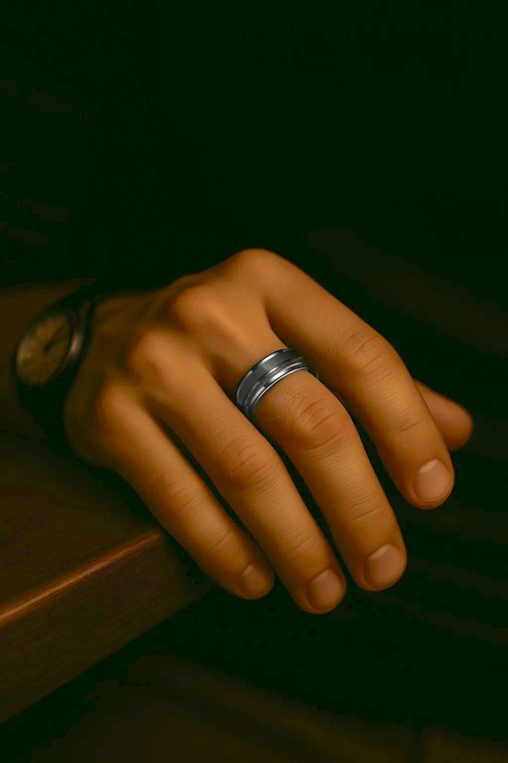 brushed black tungsten ring with oak wood line