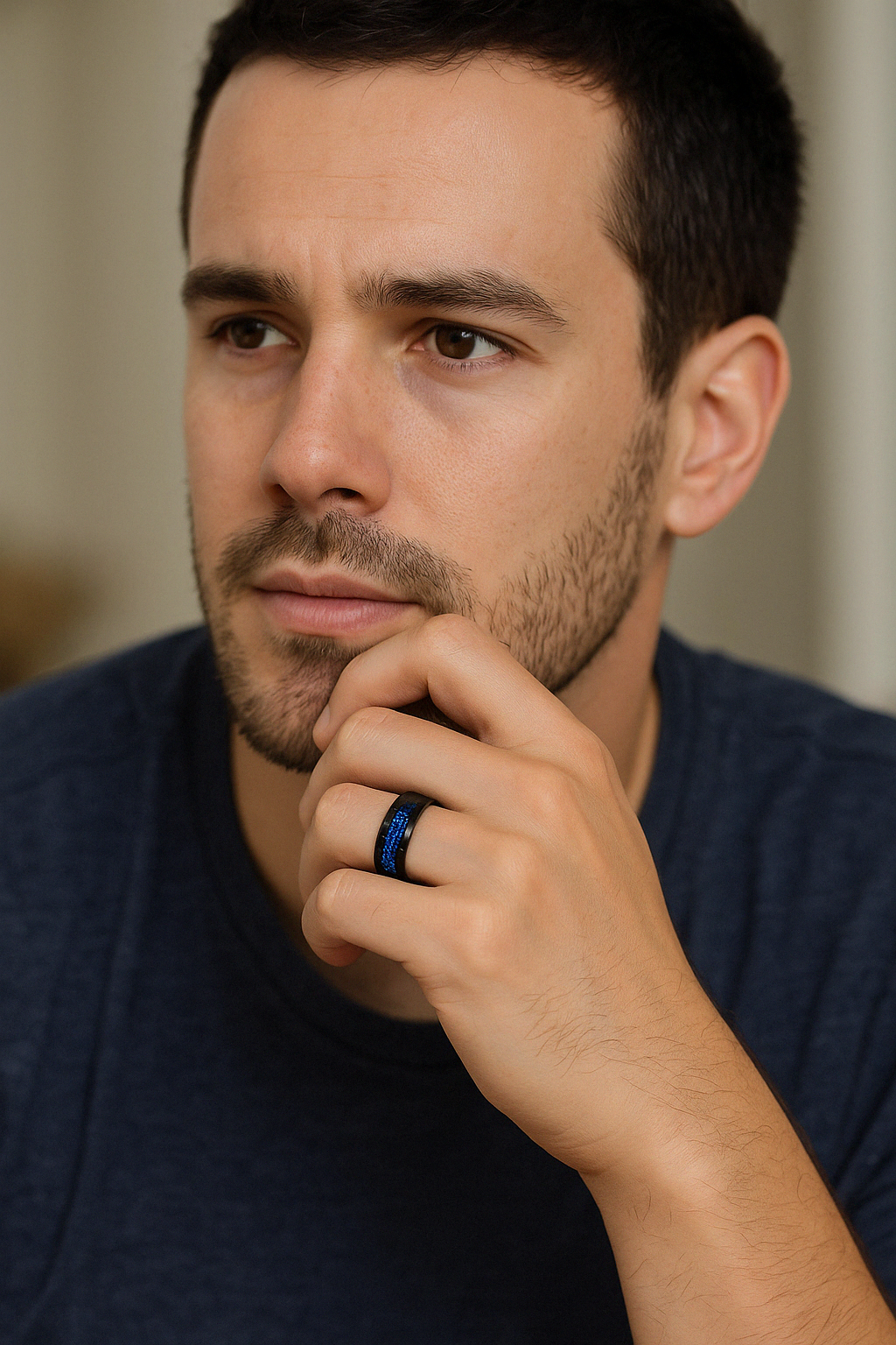 bague tungstène noir ligne sablée bleue