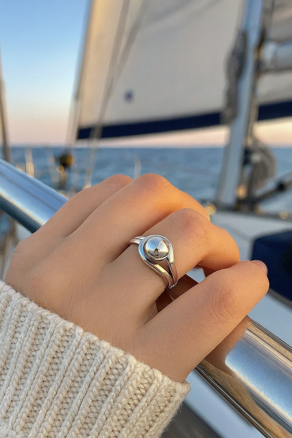 Open silver ring for women with sailor's knot design