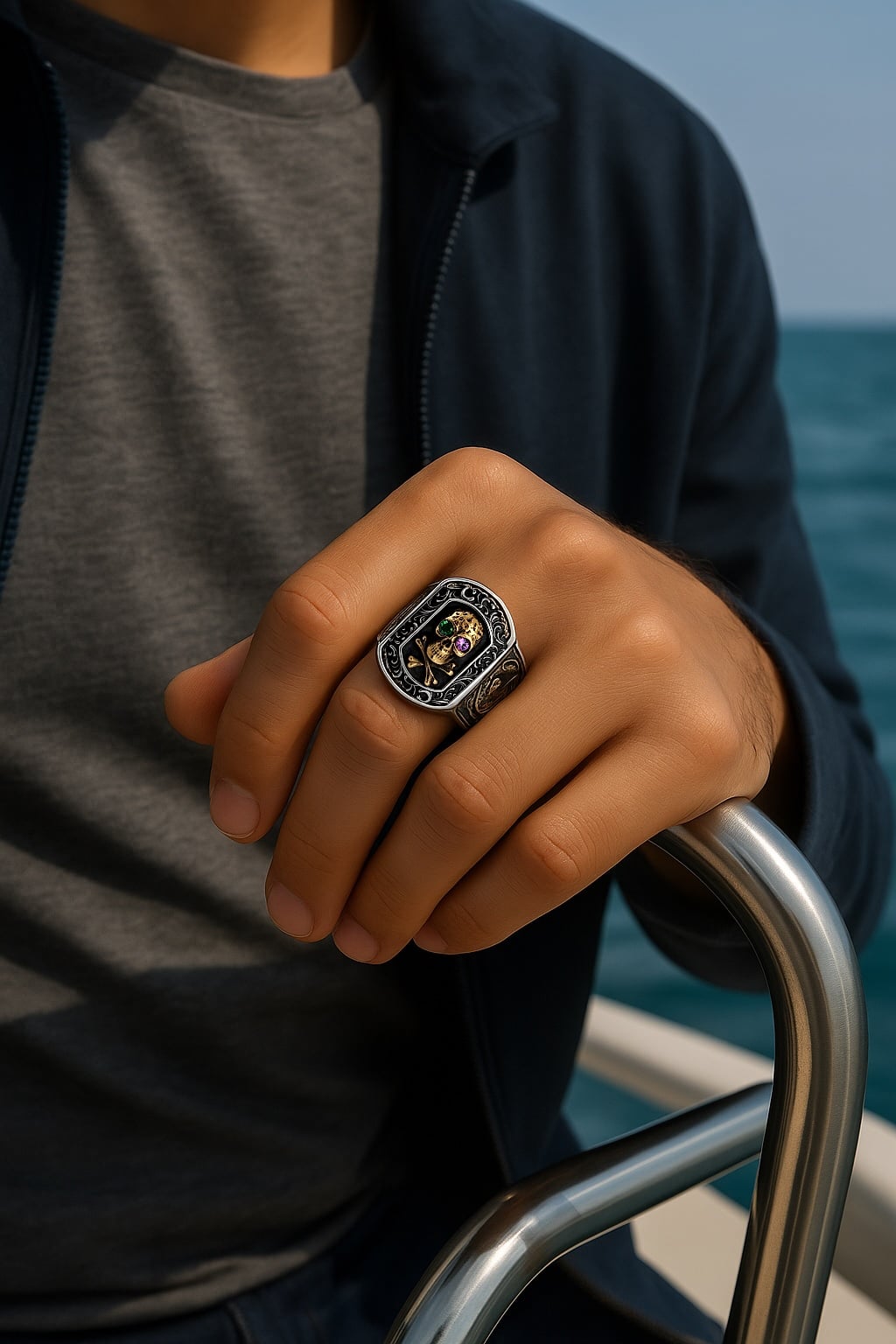 Men's silver skull signet ring open design