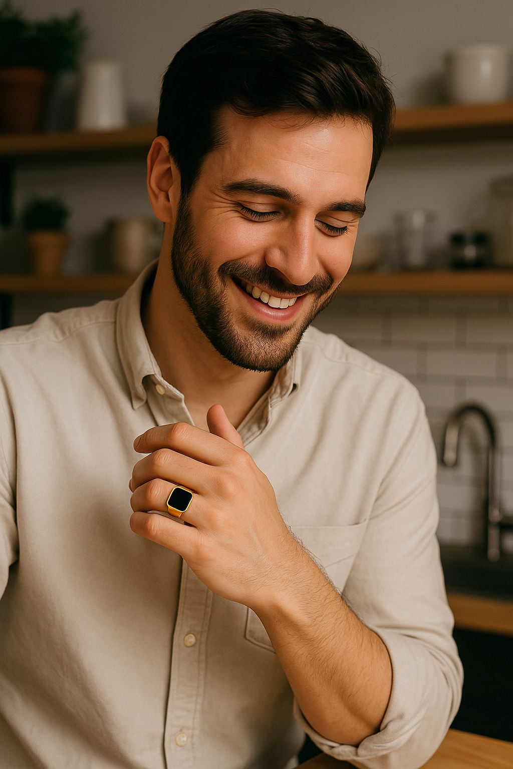 men's black onyx steel signet ring