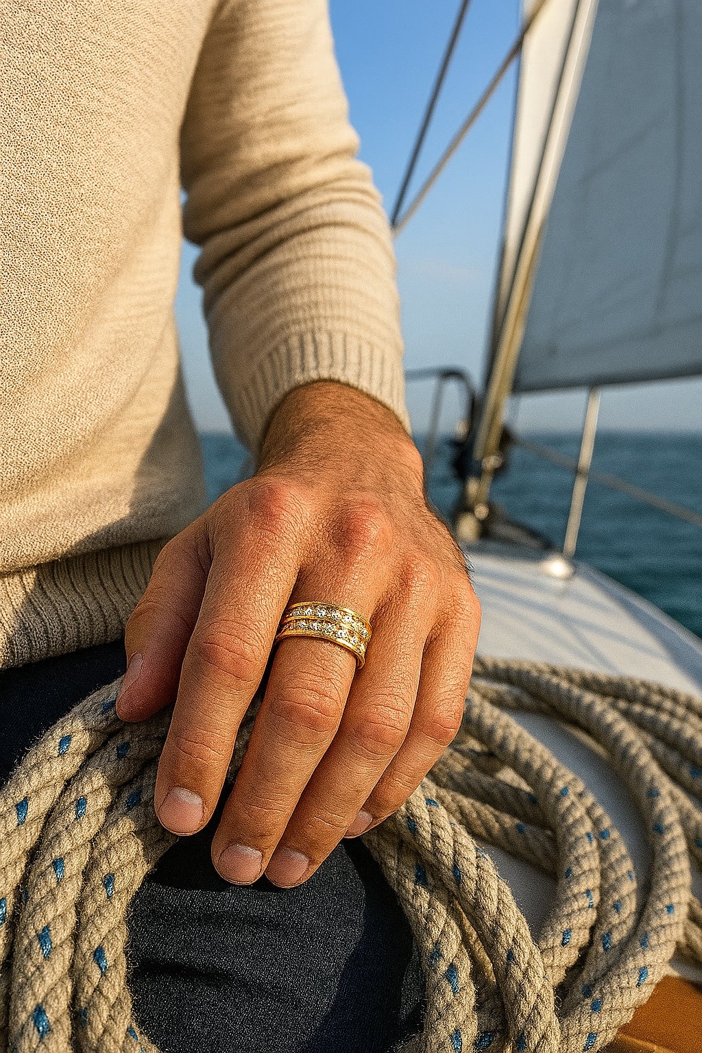 Personalized men’s steel ring with two zircon lines