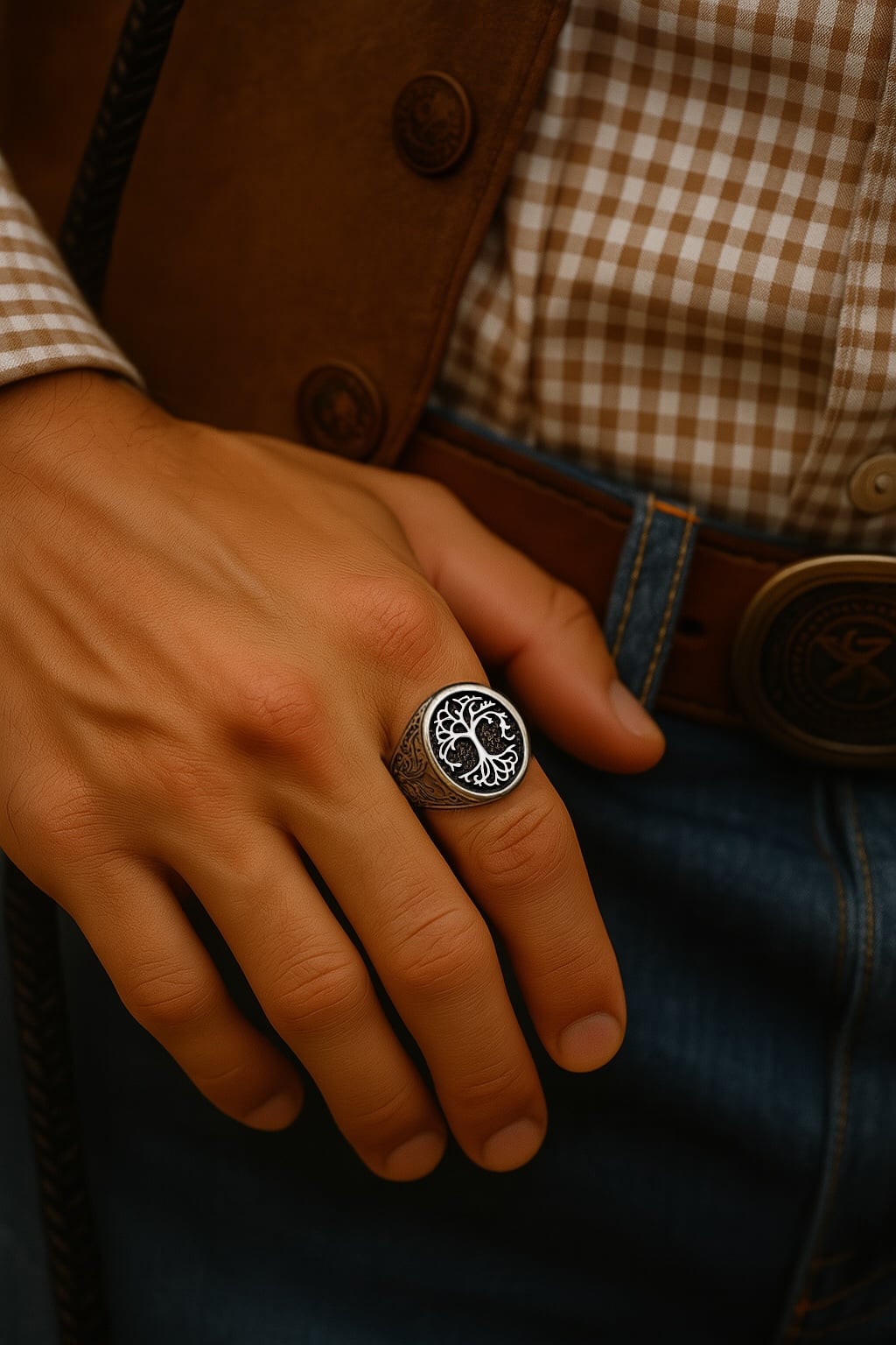 Men's stainless steel tree of life signet ring with black resin