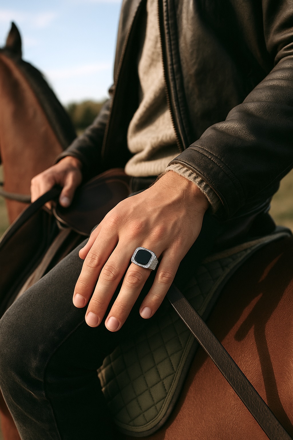 men’s stainless steel signet ring with square black onyx