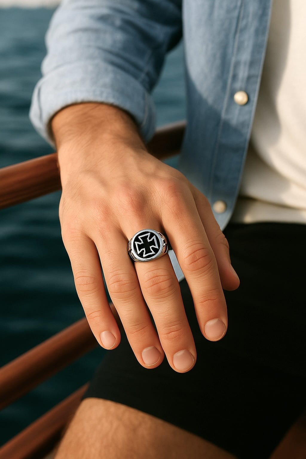 anillo de acero inoxidable para hombre con cruz de Malta