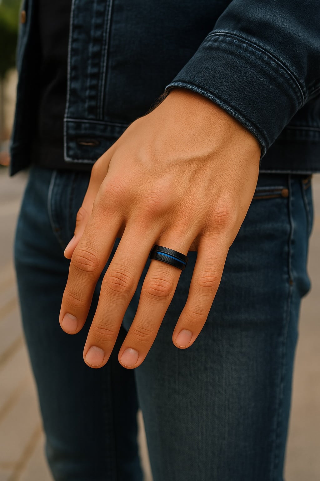 men’s stainless steel ring with brushed black band and blue line, customizable engraving